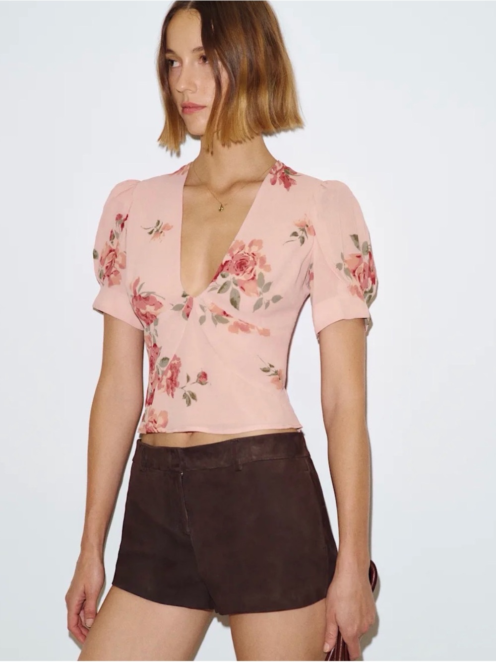 Reformation Blush Pink Floral V-Neck Puff Sleeve Top
